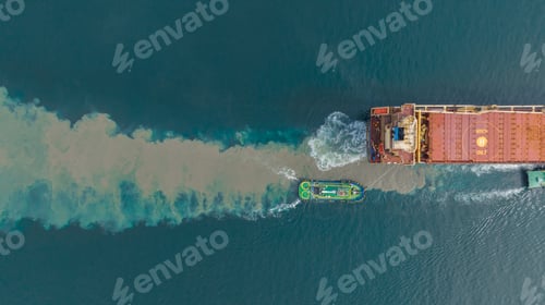 Preview: Aerial top view of cargo ship carrying container and running with tug boat for import export