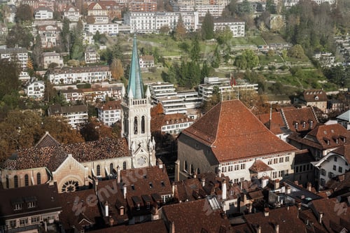 Preview: Aerial view of Church of St Peter and Paul and of Bern Town Hall (Rathaus) - Bern, Switzerland