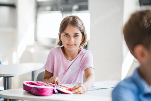 Visualização: Uma pequena estudante sentada à mesa na sala de aula, olhando para a câmera