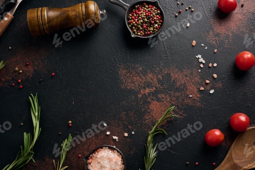 Preview: Culinary composition with kitchen utensils and spices, Himalayan salt, colorful peppercorns