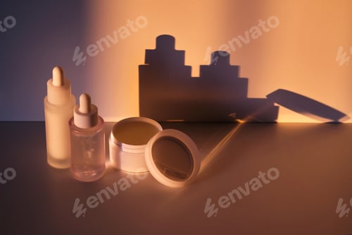 Preview: A set of cosmetics in the rays of the setting sun.