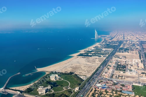 Preview: Burj Al Arab hotel in Dubai UAE aerial view at sunset
