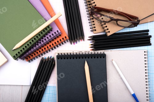 Preview: ↟ School stationery, flat lay with space for text. Back to school. Assortment of office supplies