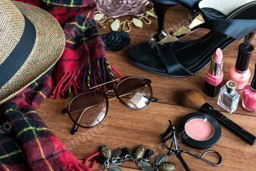 Preview: woman's dressing table with cosmetics set and fashion accessories