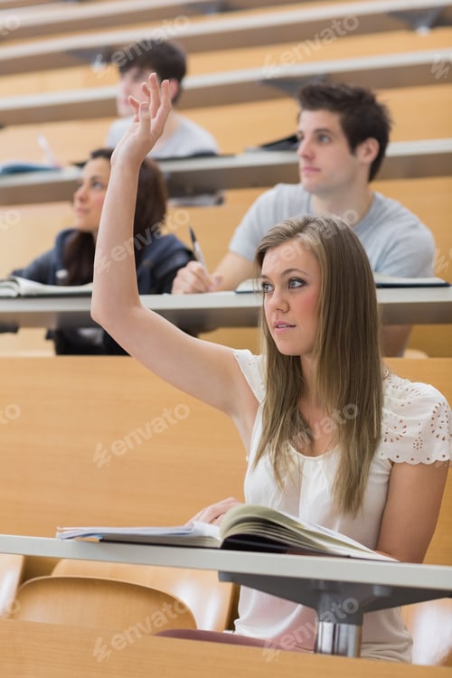 Preview: Woman Sitting At The Lecture Hall With Hand Up To Ask Question