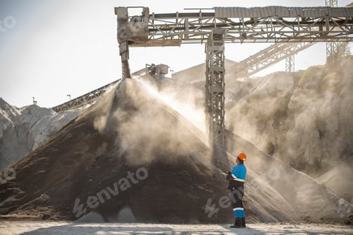Preview: Quarry worker standing beside pile of aggregate in quarry