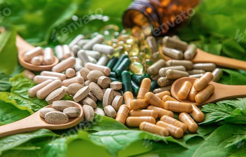 Preview: Capsules herb supplements on green leaves background. Selective focus.