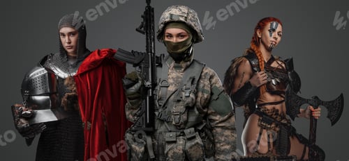 Preview: Modern soldier woman with female medieval knight and viking