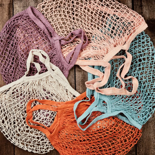 Preview: Multicolored eco mesh bags. Biodegradable, reusable alternative to plastic bags. Zero waste concept