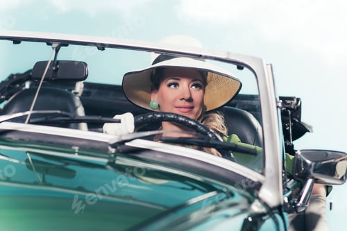 Preview: Smiling Retro 60S Woman With Driving Sports Car.