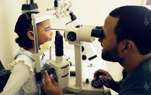 Preview: Eye doctor, machine or child consulting to help eyesight at optometrist for a optical assessment. O