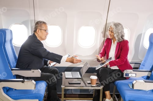 Preview: A businessman, an adult man, and a woman are meeting and talking aboard an airplane. They engage