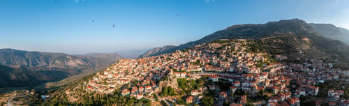Preview: Arachova Greece mountain town aerial panorama, Boeotia. Tourist resort