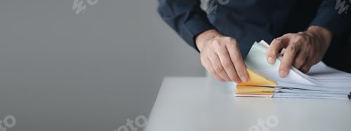 Preview: Businessman sorting stacks of department meeting papers, document management in corporate office. Of