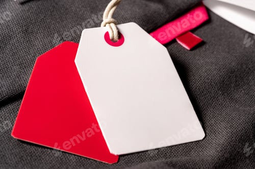 Preview: Red and White Tags on Grey Fabric