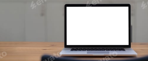 Preview: Blank screen Laptop computer and poster workspace background in modern office