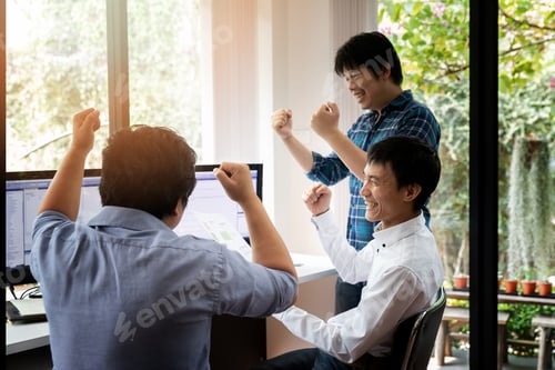 Preview: Programmers team happiness and glad in complete success software development project.