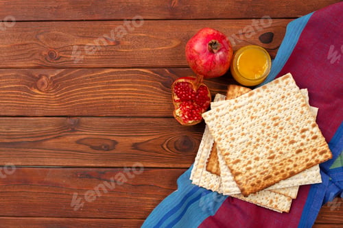 Preview: Jewish holiday Passover banner design with wine, matzo on wooden background.