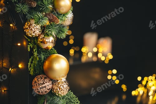 Preview: Beautiful Christmas tree with golden balls decor close up