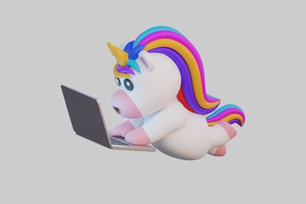 Preview: Cartoon unicorn using laptop computer