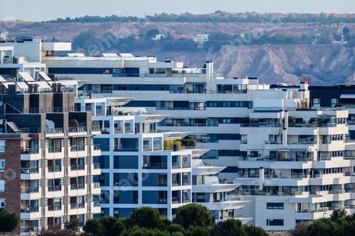 Preview: Cityscape of modern residential area with residential apartment buildings in Madrid