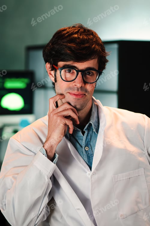 Preview: Vertical portrait of attractive medical doctor with glasses and lab coat looking at camera. Front