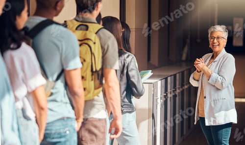 Preview: University, black woman and professor welcome students outside ready for learning and teaching. Tea