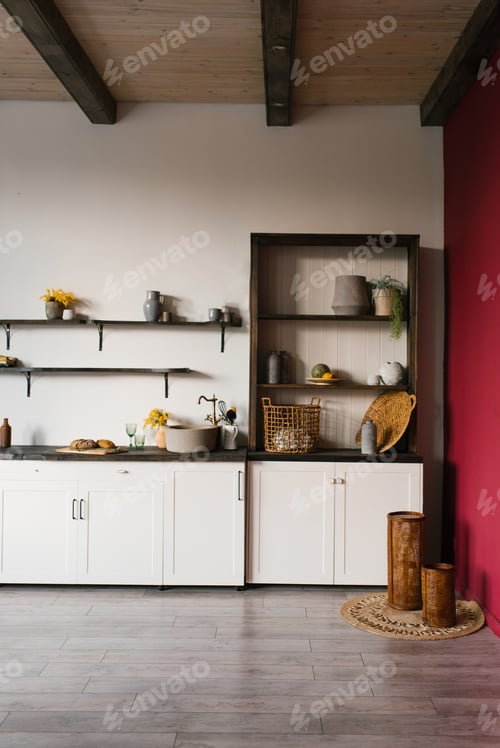 Preview: Wooden kitchen in Scandinavian style. Cozy interior of a house or apartment