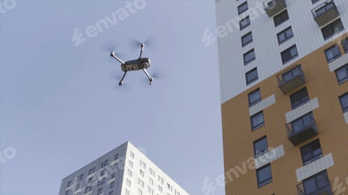 Preview: Quadcopter flying in the city street. Action. Bottom view of a quadcopter flying and recording video