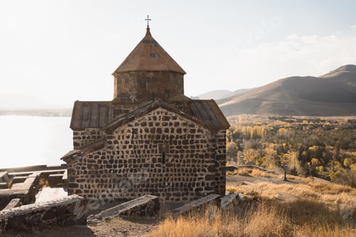 Preview: Sevanavank Monastery located on shore of Lake Sevan in Armenia at autumn sunny day