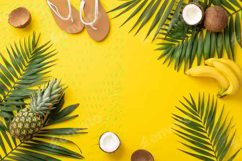 Preview: Embrace the summer holiday vibe. Top view showcasing beach gear, flip-flops, palm leaves