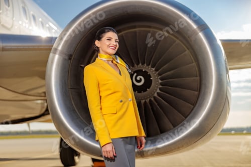 Preview: Cheerful woman stewardess standing near aircraft engine