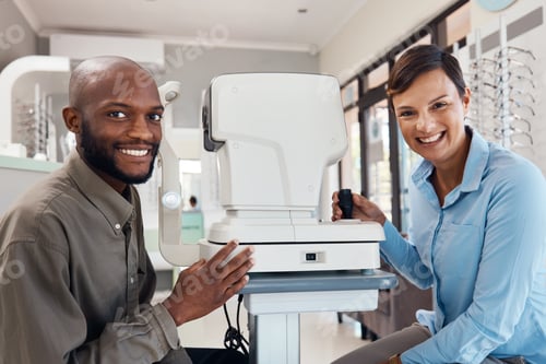 Preview: Shot of an optometrist examining her patients eyes with an autorefractor