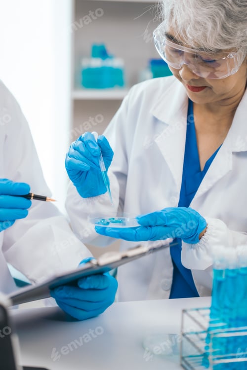 Preview: Senior scientists analyzing pharmaceuticals, asian people, senior man woman, experienced experts