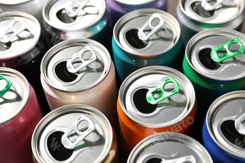 Preview: Many aluminium cans of beverage as background, closeup