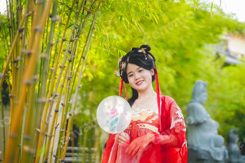 Preview: Traditional attire worn by a woman in a bamboo garden during a cultural celebration