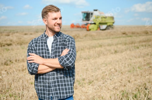Preview: Farmer In Wheat Field Inspecting Crop. Farmer in wheat field with harvester