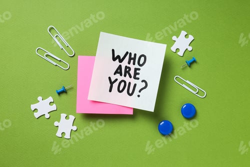 Preview: Paper notes with text, puzzles and paper clips on green background