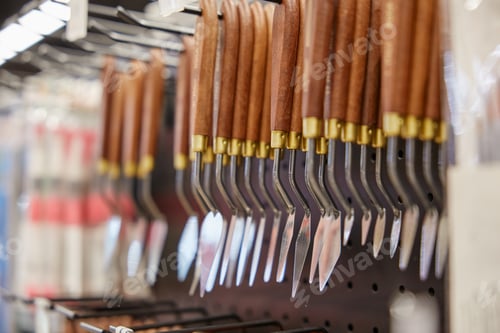 Preview: Selective focus with trowel for drawing on showcase at stationery shop