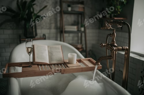 Preview: Luxury interior of eco style modern bathroom with oval bathtub and book on bamboo wood tray