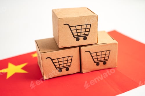 Preview: Box with shopping cart logo and China flag, Import Export Shopping online or eCommerce finance