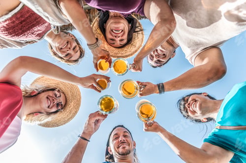 Preview: Friends family having fun together at beach camping party - Down under view