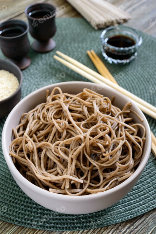 Preview: Cold soba (buckwheat noodles) with sauce and sesame.