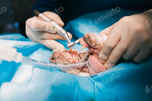 Preview: Veterinarian performing dental surgery on dog in veterinary hospital