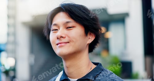 Preview: Japanese man, portrait and smile for commute, travel and happiness with joyful mood to work. Asian