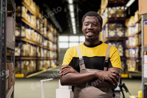 Preview: Portrait of confident cheerful person in workwear posing near storage racks
