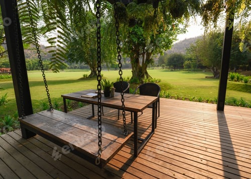Preview: Wooden chair with table on patio