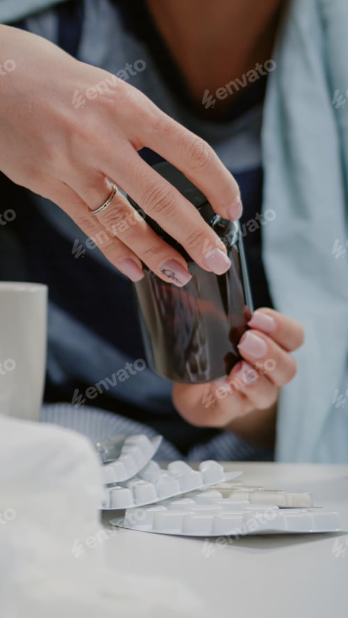 Preview: Close up of woman reading labels of tablets and jars with pills and capsules