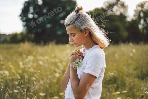 Preview: Young Woman in Meadow Holding Flowers