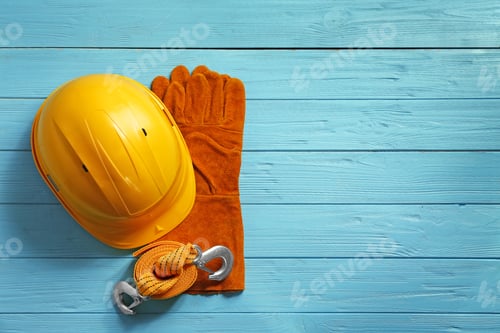 Preview: Flat lay composition with safety equipment and space for text on wooden background